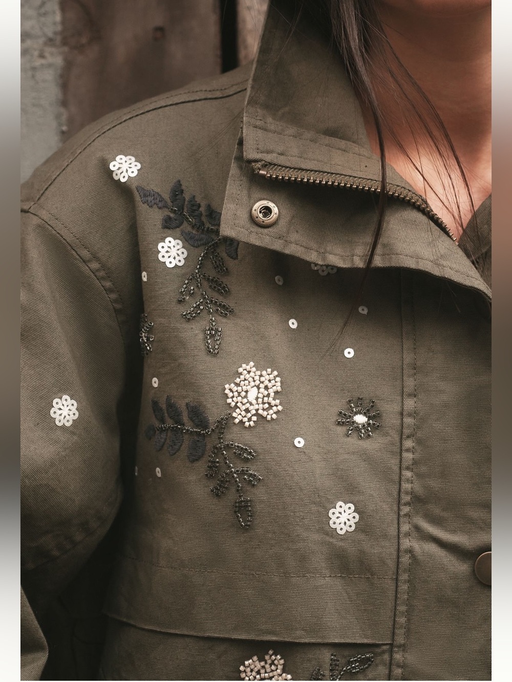 Anthropologie Sequin Bomber Jacket Pilcro Oversized New Large Ivy Army Green